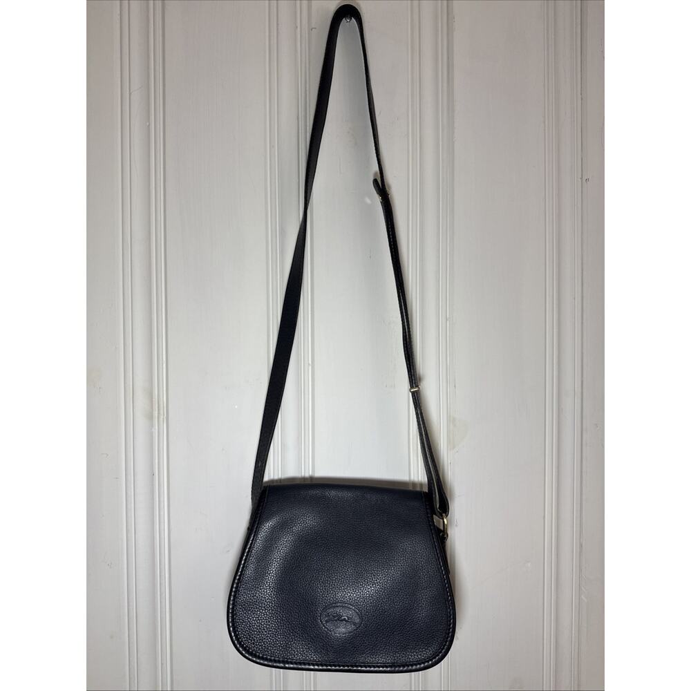 Longchamp Vintage Navy blue Pebbled Leather Small Crossbody Flap Designer Purse - Picture 2 of 9